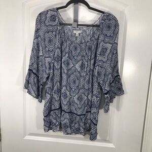 Fever Blue Patterned Women's Top Bell Sleeves Size 1X CB-04